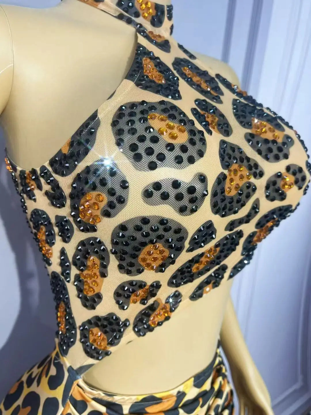 Leopard Rhinestone High-Slit Dress