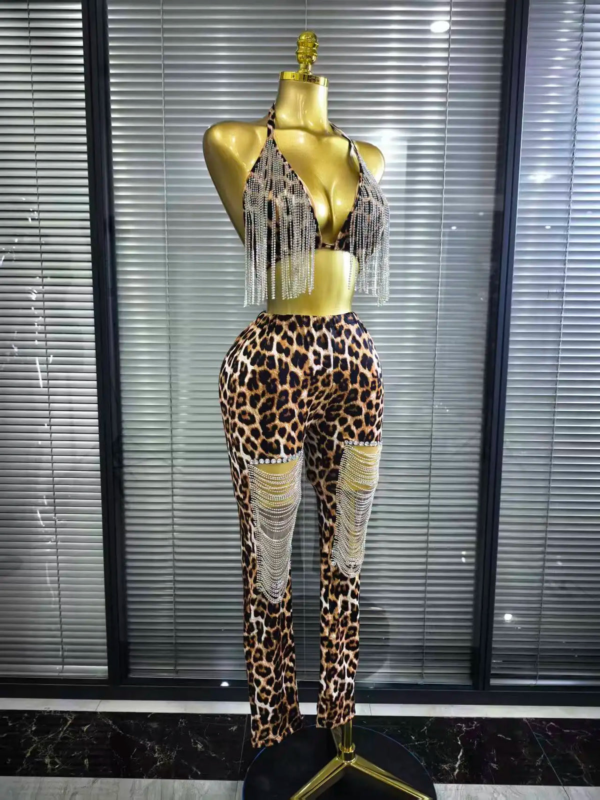 Leopard Print Rhinestone Two-Piece Bodycon Set