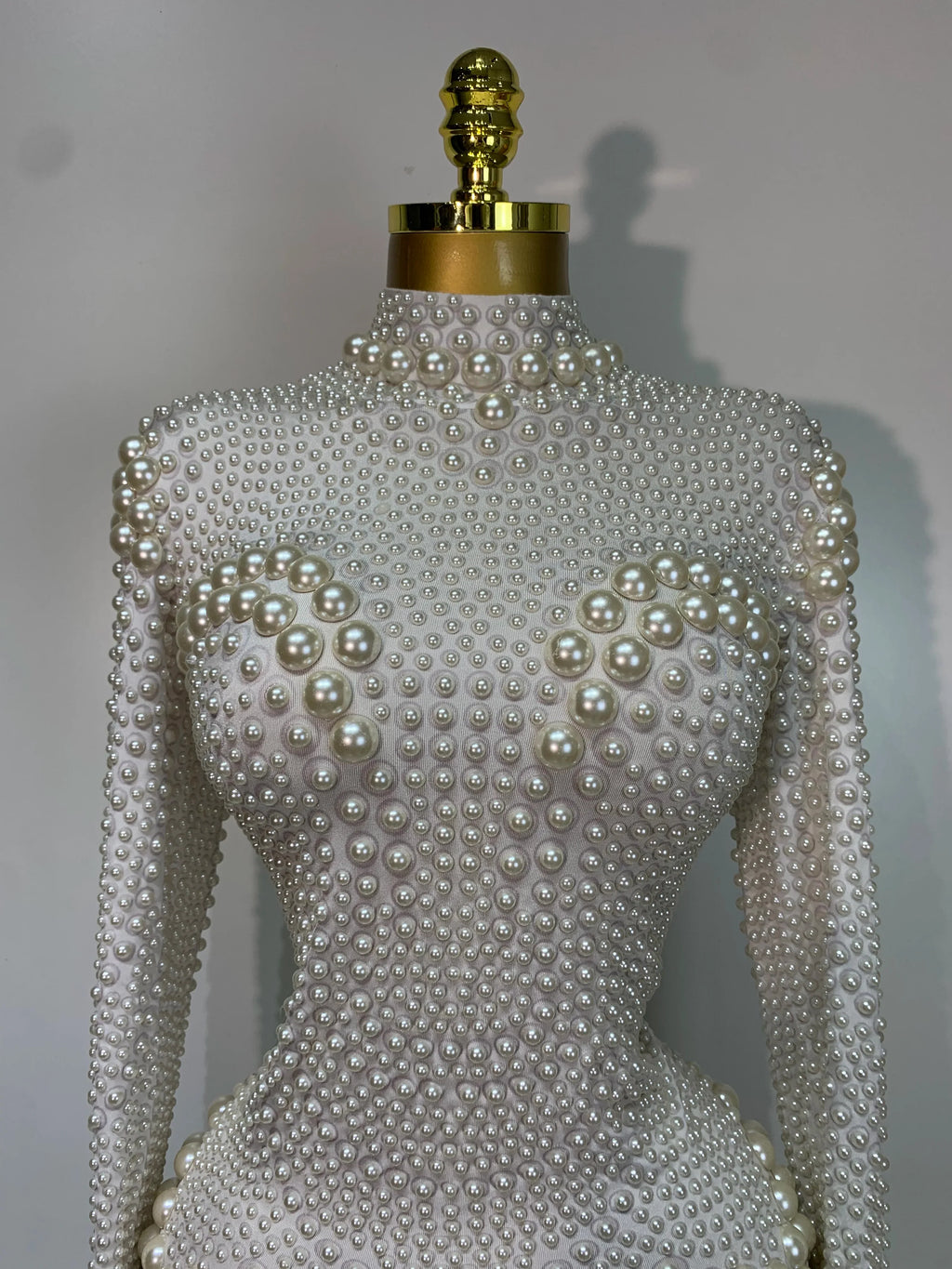 Luxury Pearl Long Sleeve Spandex Stretch Bodysuit Evening Stage Performance Costume