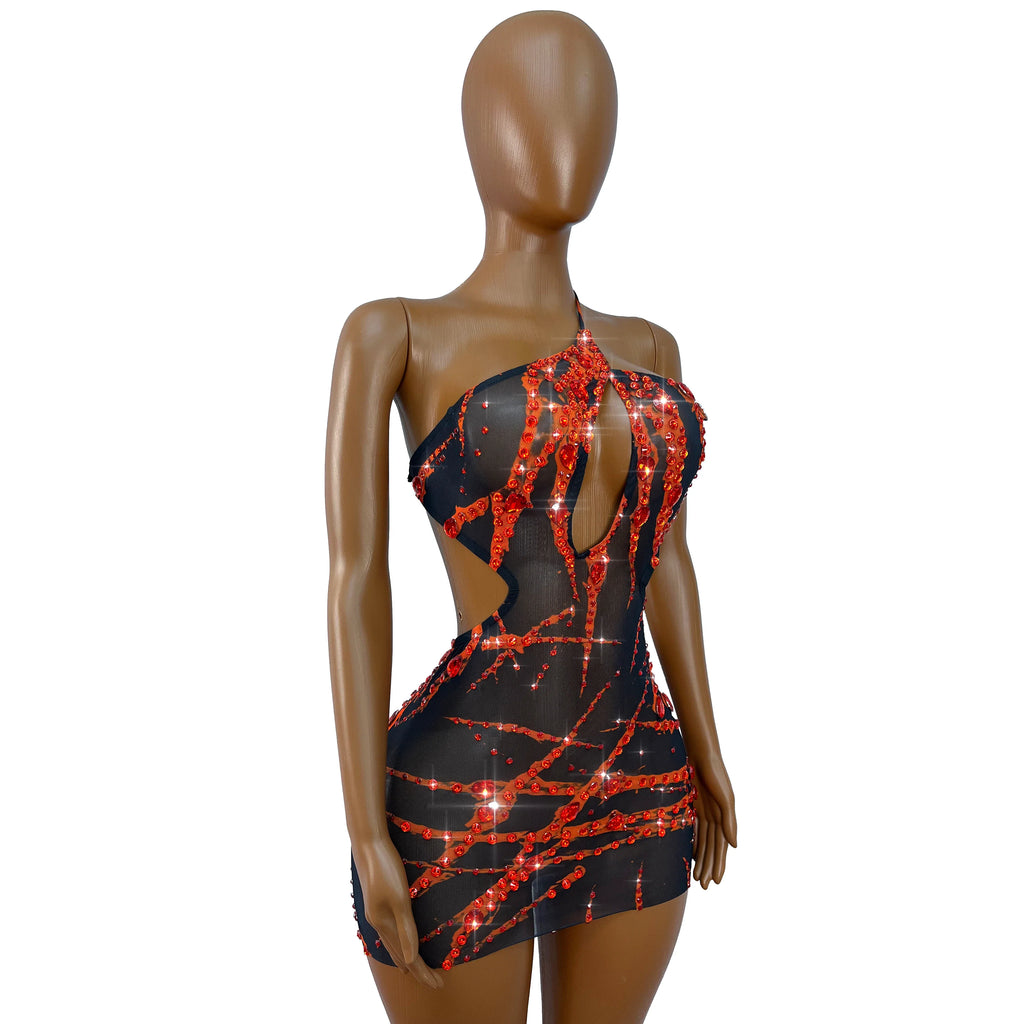 Crimson Rhinestone Mesh Mini Dress