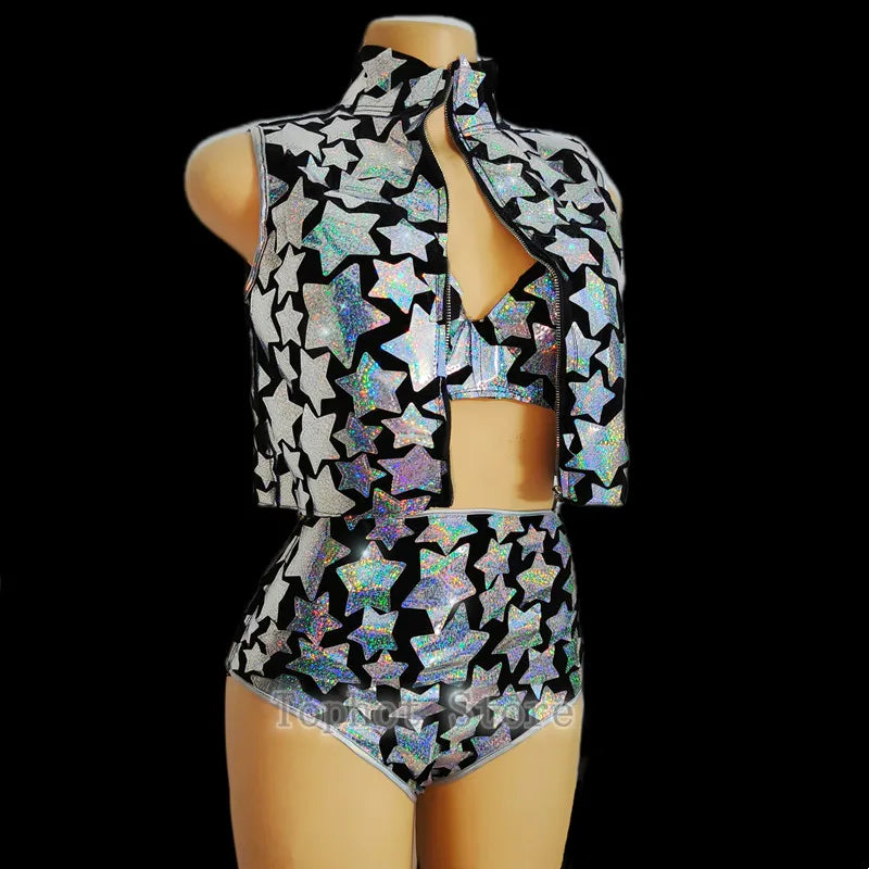 Silver Laser Star Sequin Three-Piece Festival Set