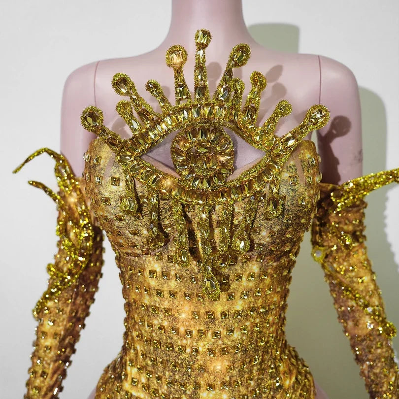 Gold Rhinestone Festival Bodysuit & Gloves Set