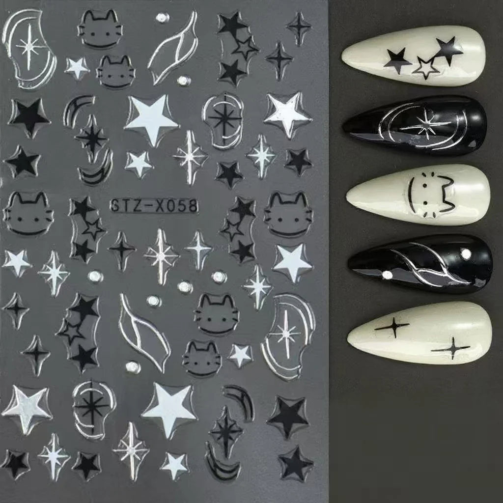 Black Silver Cat Animals Nail Sticker Decals Y2K Charms Cute Dog Cartoon Adhesive Sliders Foils For Manicure Nail Art Decoration