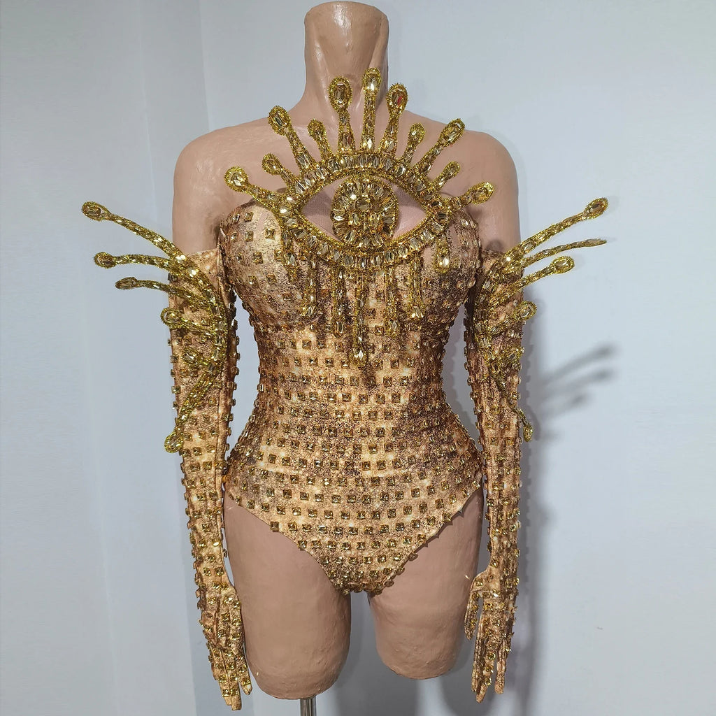 Gold Rhinestone Festival Bodysuit & Gloves Set