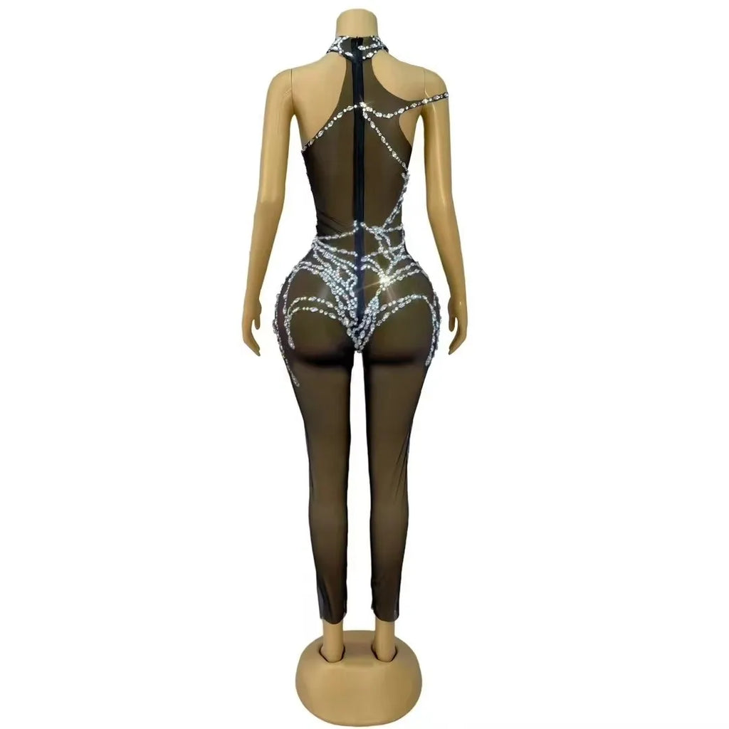 Black Rhinestone Mesh Performance Jumpsuit | Stagewear