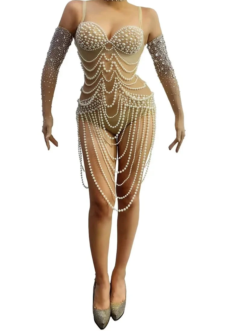 Pearl Body Chain Mesh Catsuit | Long-Sleeve Stagewear