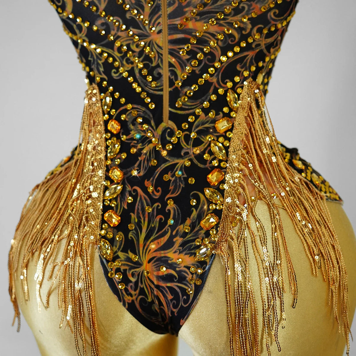 Gold Rhinestone Fringe Bodysuit | Latin Dance Costume