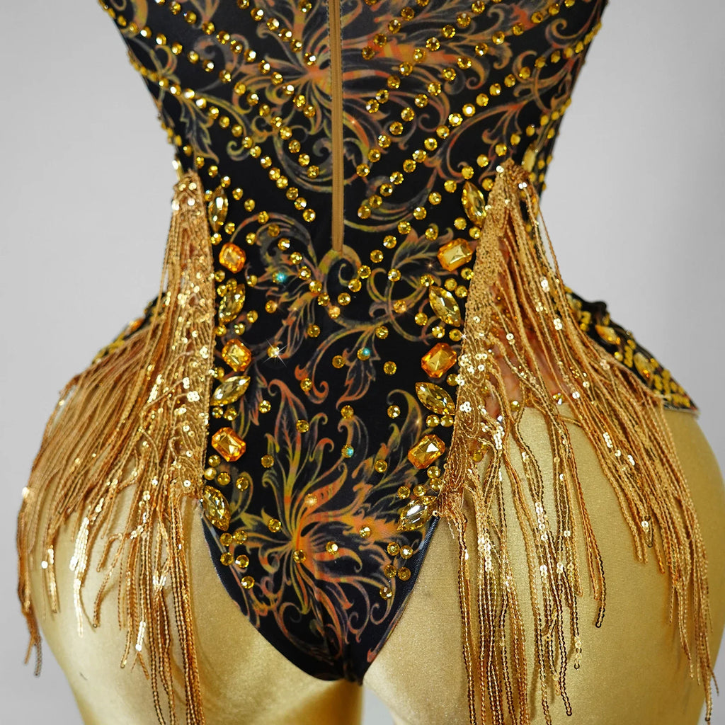 Gold Rhinestone Fringe Bodysuit | Latin Dance Costume
