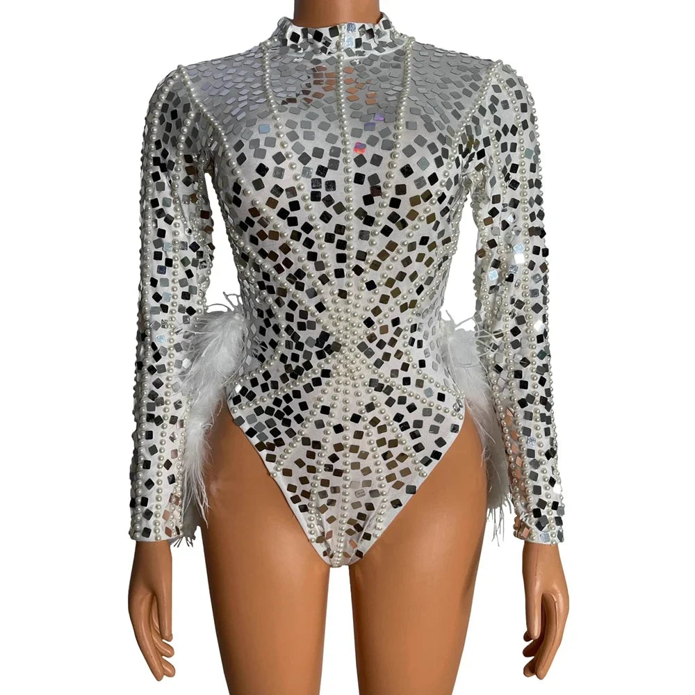 Silver Sequin Pearl & Feather Bodysuit Set