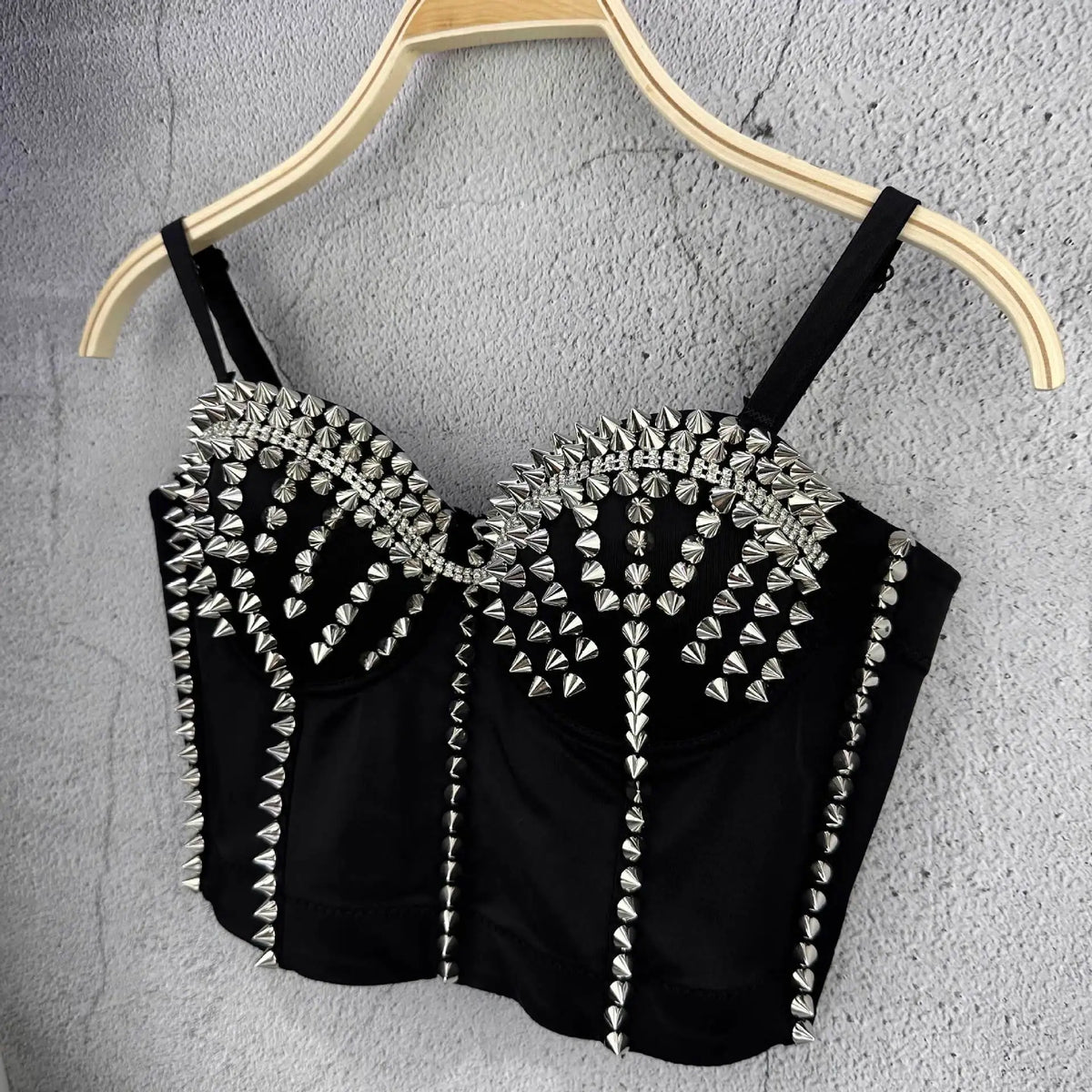 Punk Style Studded Denim Bustier Corset Crop Top Party Stage Costume Bralette