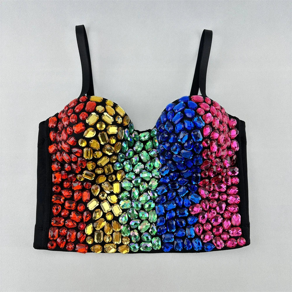 Multicolor Patchwork Rhinestone Bustier Corset Crop Top Stage Costume Bralette