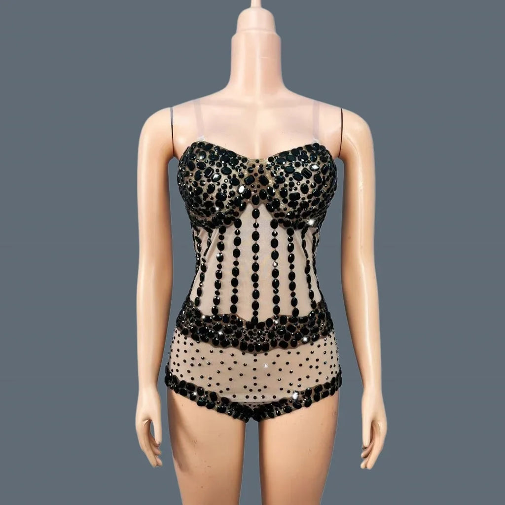 Black Crystal Mesh Rave Bodysuit