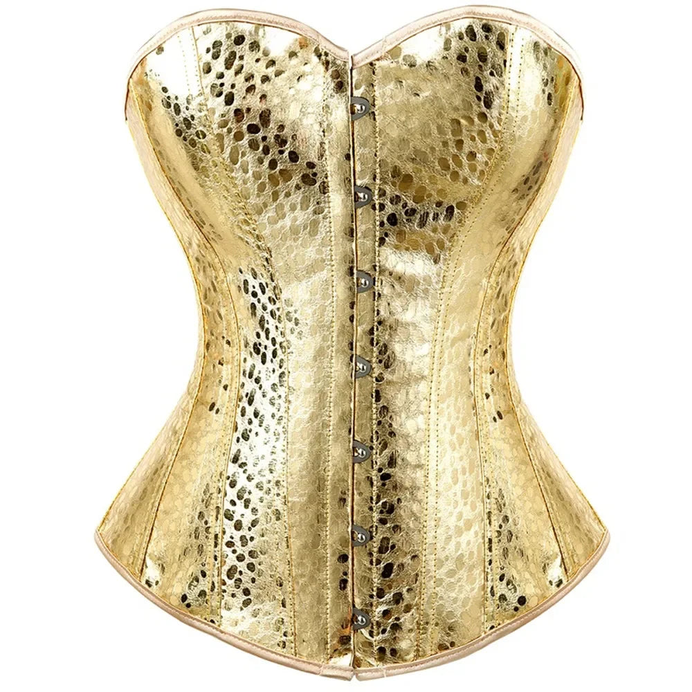 Gothic Metallic Faux Leather Overbust Corset Shiny Steel-Look Bustier