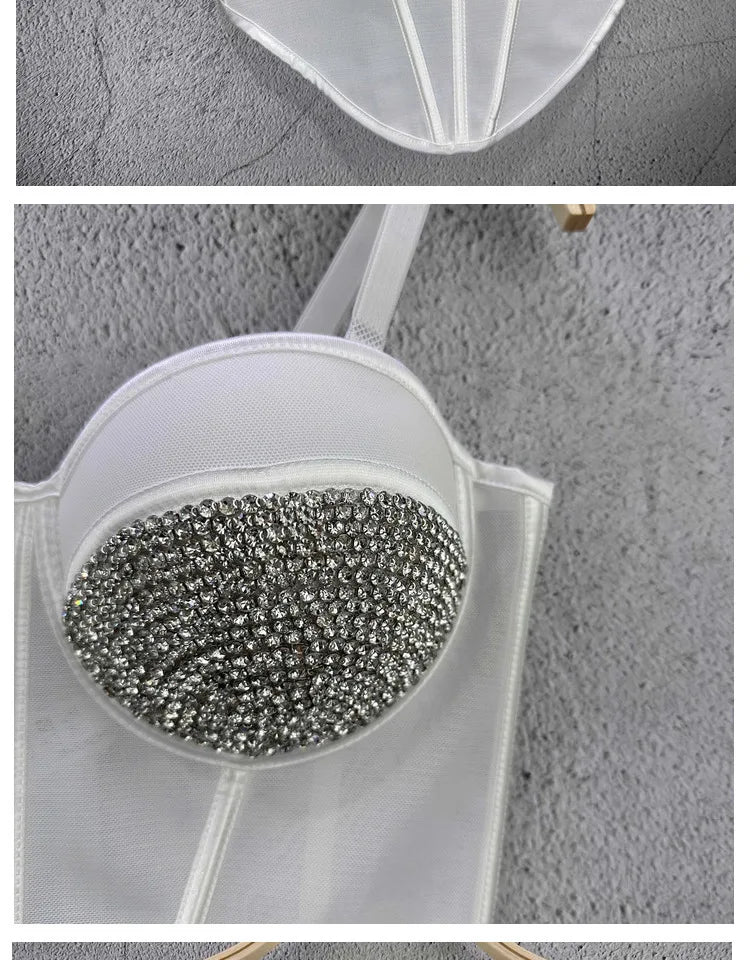 Rhinestone Mesh Denim Bustier Corset Crop Top Push-Up Party Bralette