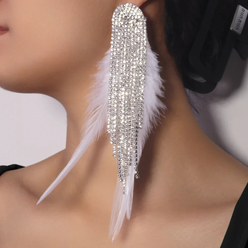 Crystal Tassel Feather Drop Earrings