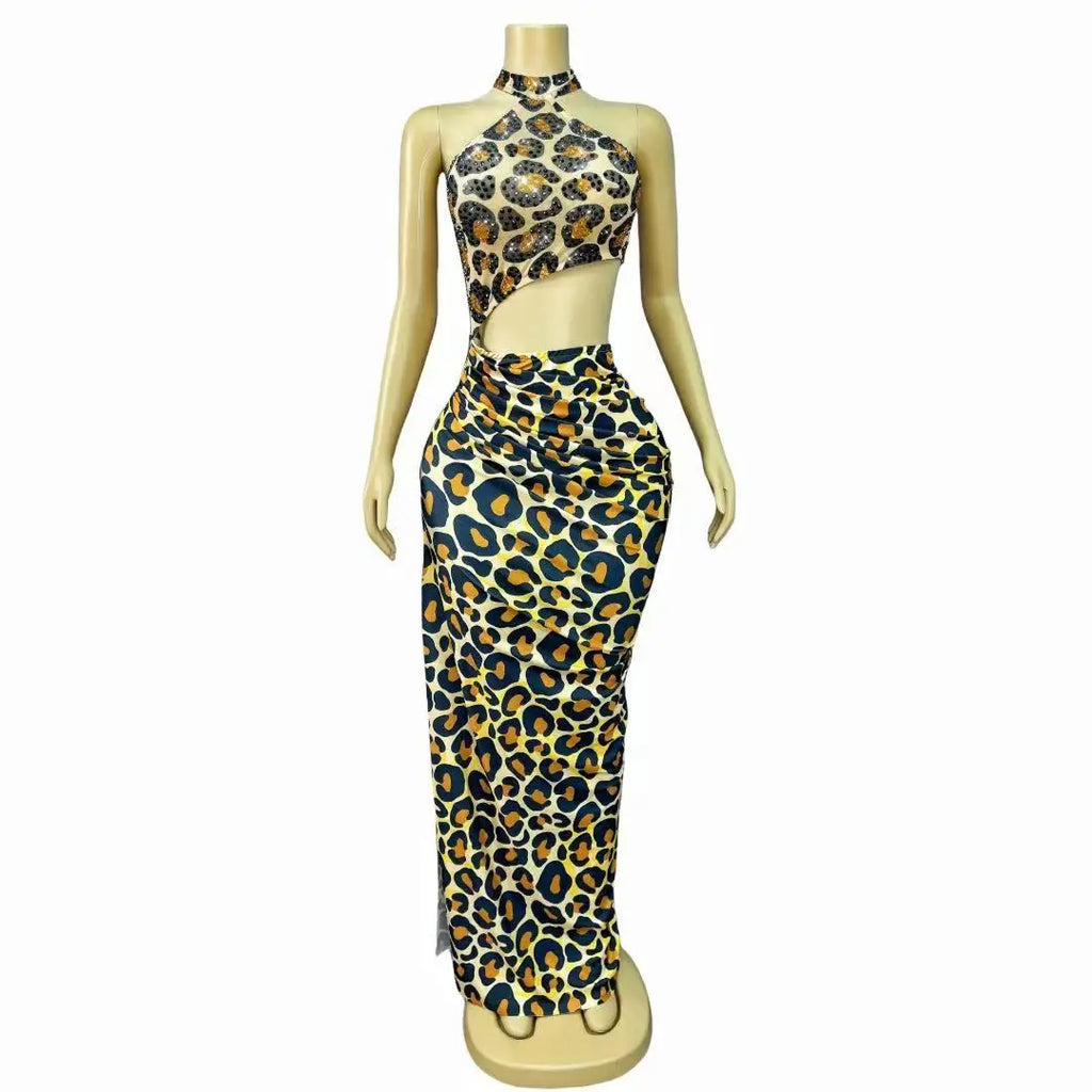 Leopard Rhinestone High-Slit Dress