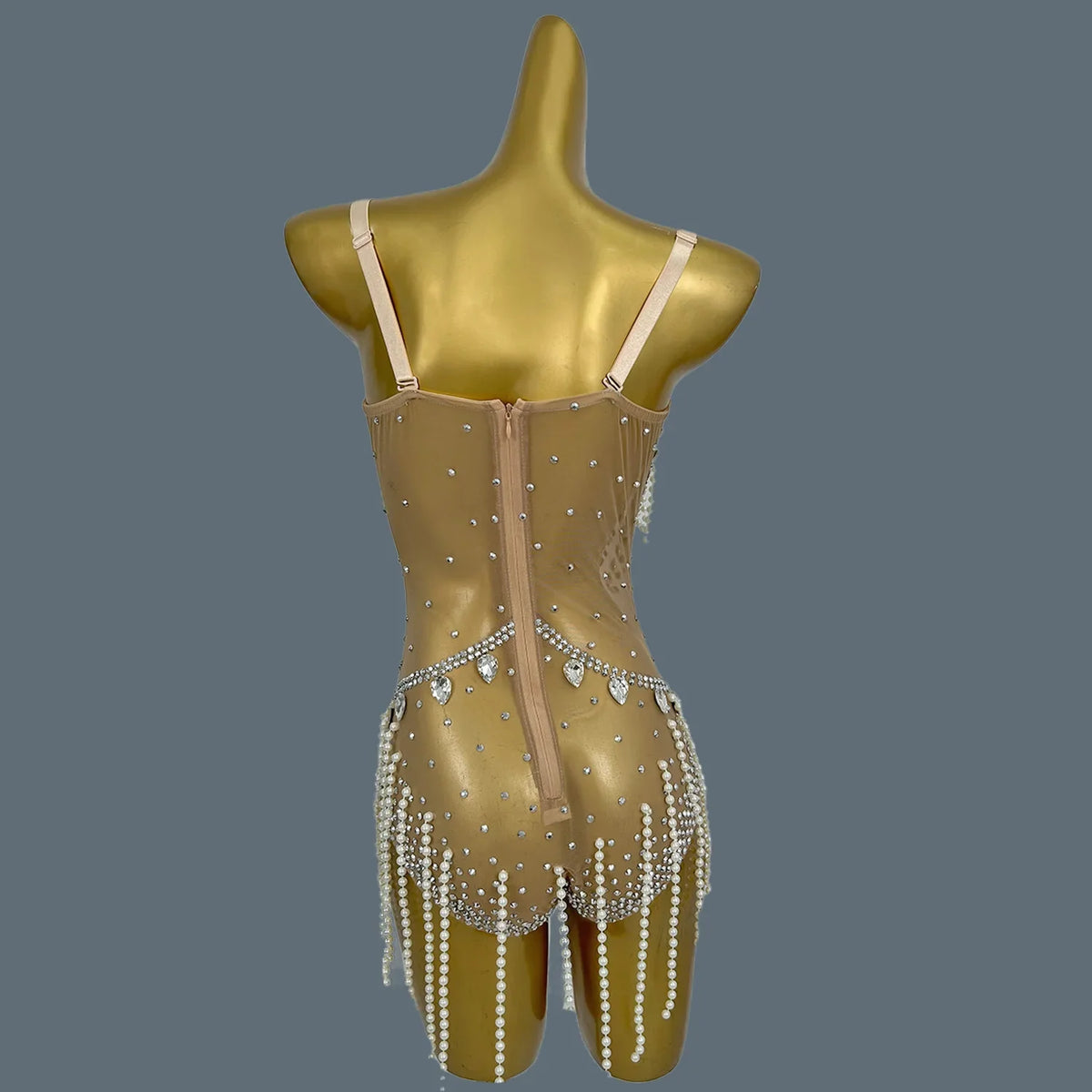 Nude Rhinestone Pearl Tassel Festival Bodysuit