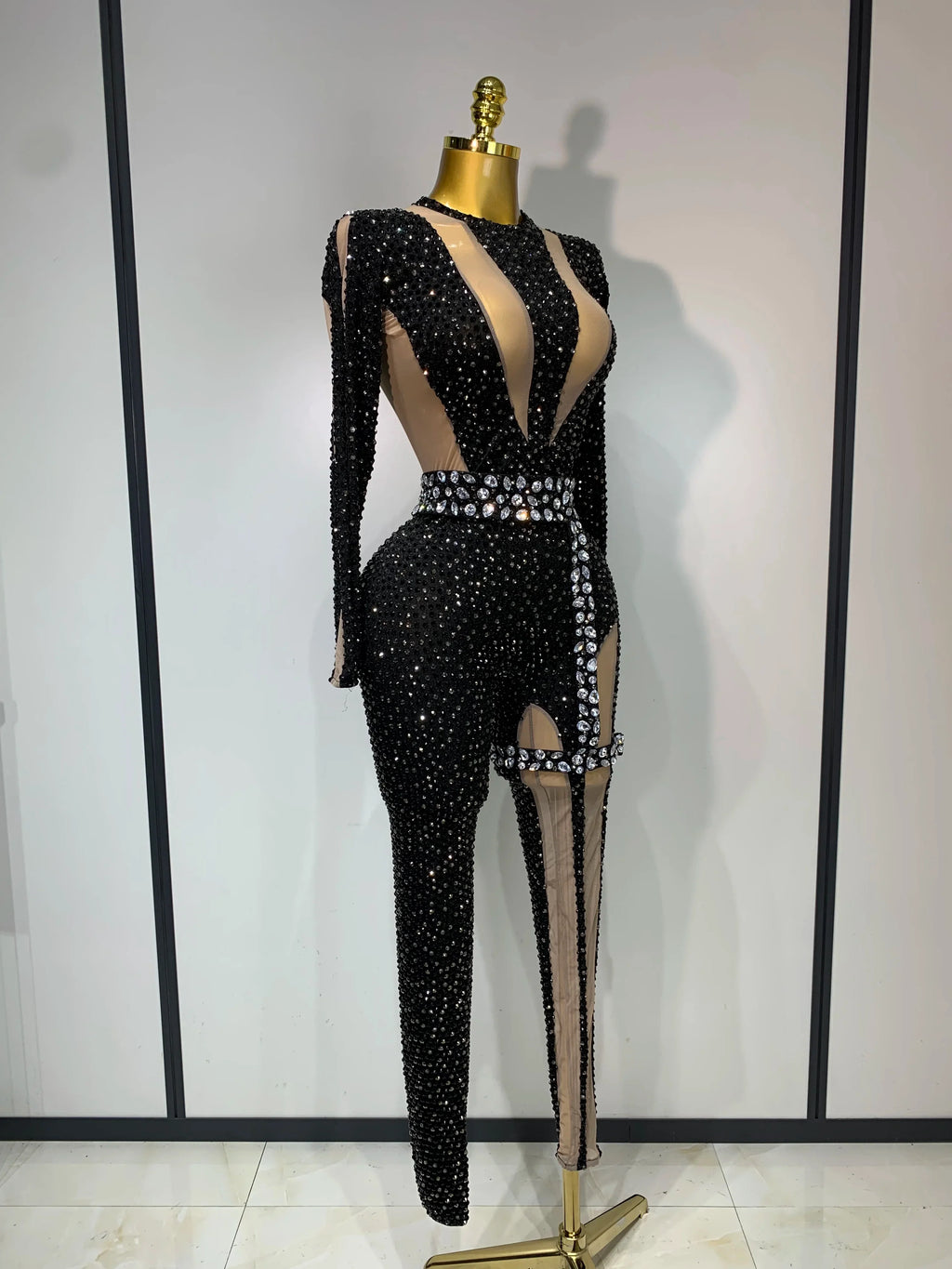 Black Rhinestone Mesh Festival Jumpsuit