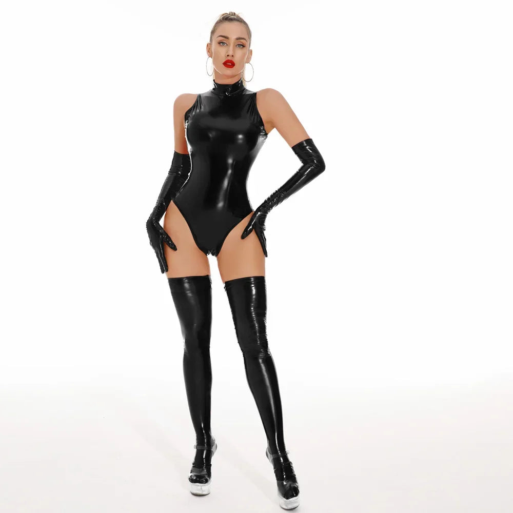 Glossy Faux-Leather Bodysuit, Gloves & Stockings Set