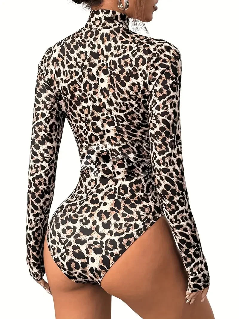 Leopard Print Cutout Long-Sleeve Bodysuit