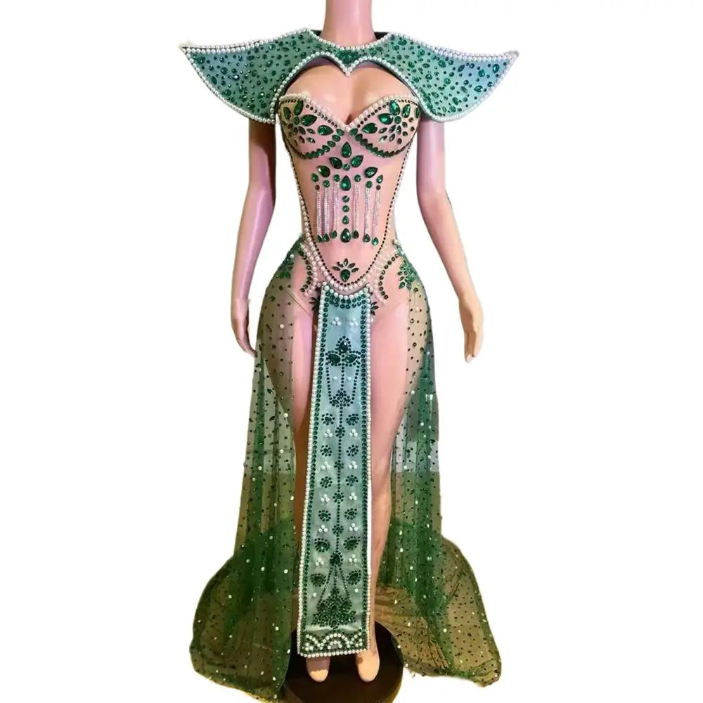 Emerald Rhinestone Bodysuit & Peacock Cloak Set