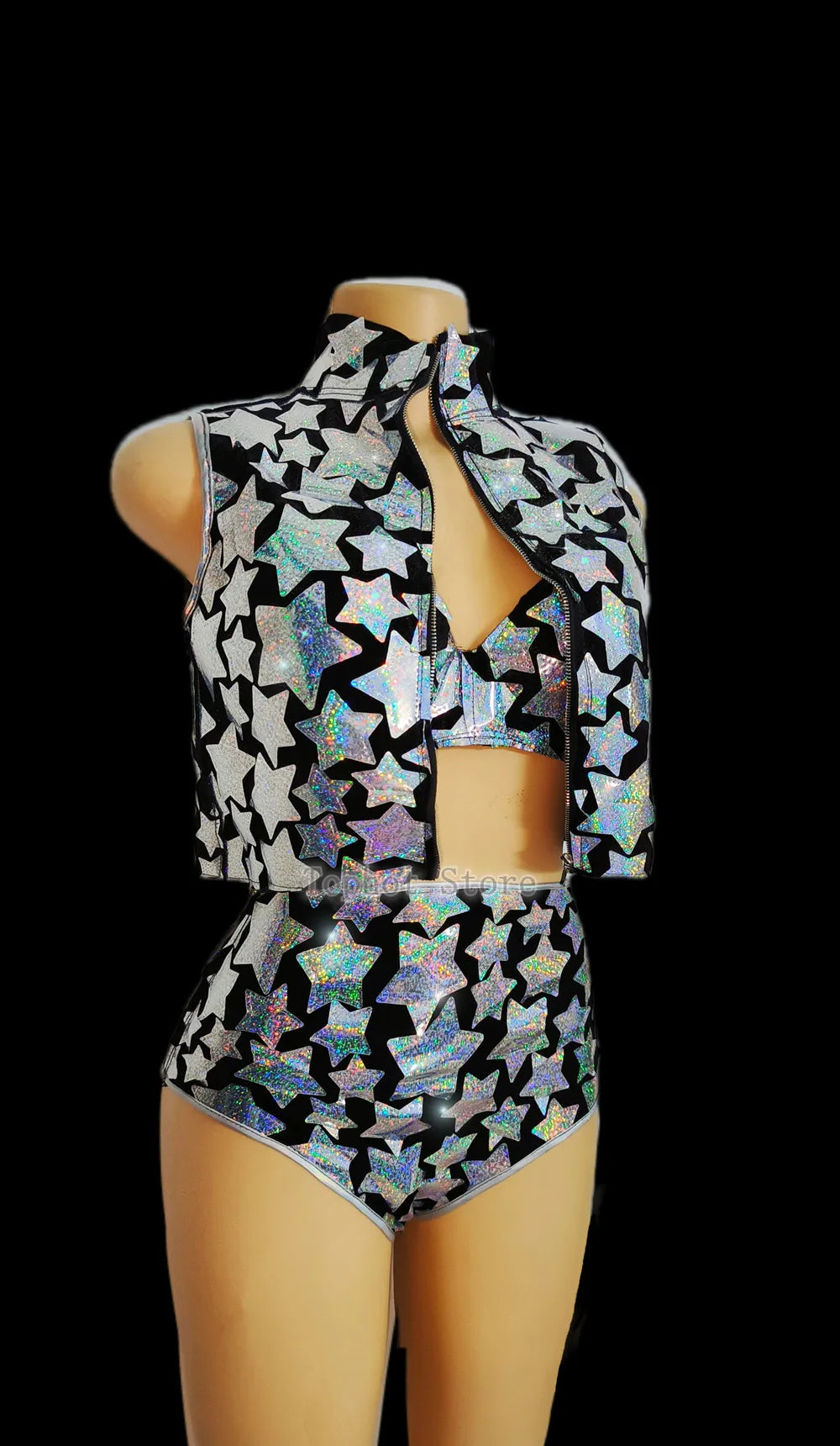 Silver Laser Star Sequin Three-Piece Festival Set
