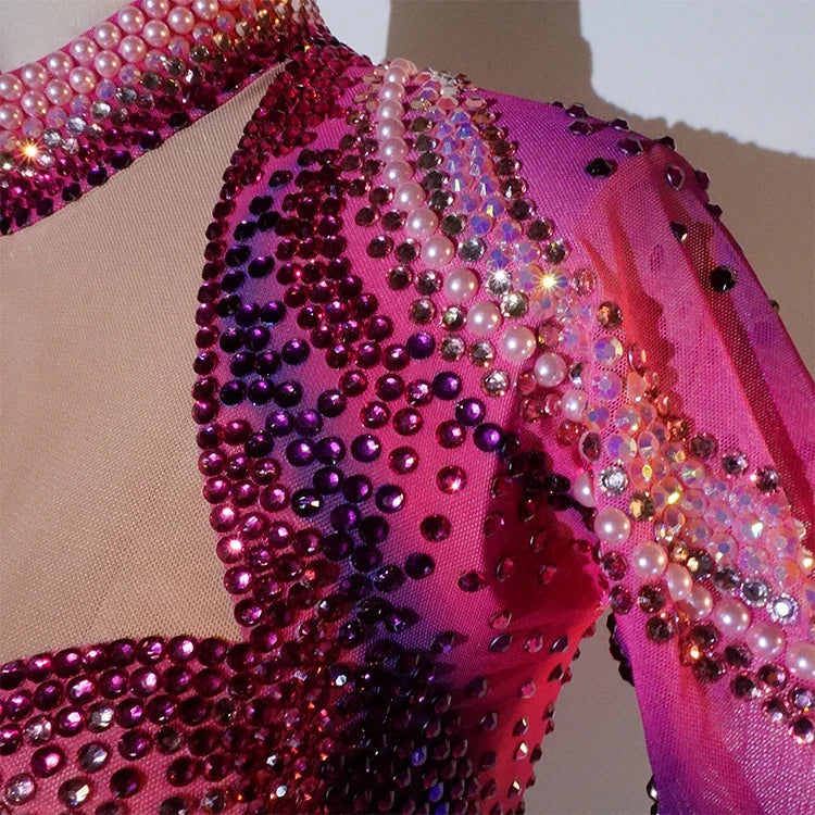 Pink Rhinestone Long-Sleeve Mesh Bodysuit | Stagewear