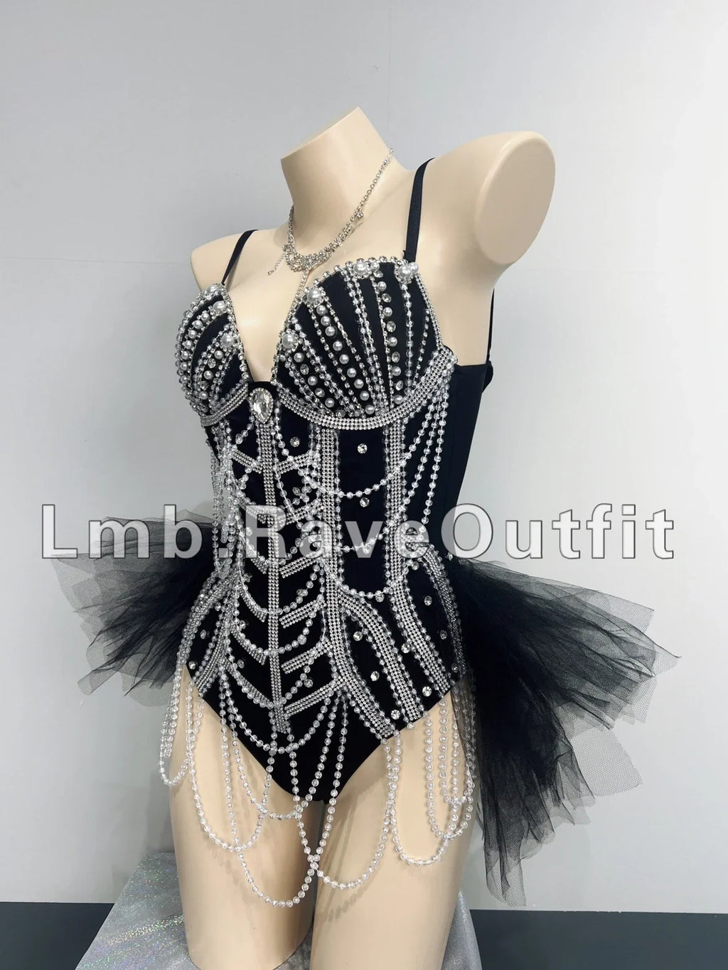Black Beaded Chain Fringe Bodysuit | Stage Costume