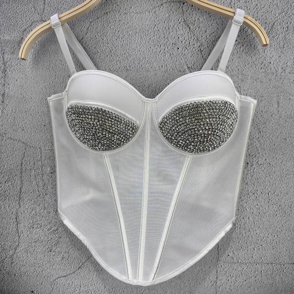 Rhinestone Mesh Denim Bustier Corset Crop Top Push-Up Party Bralette