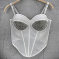 Rhinestone Mesh Denim Bustier Corset Crop Top Push-Up Party Bralette