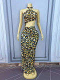 Leopard Rhinestone High-Slit Dress