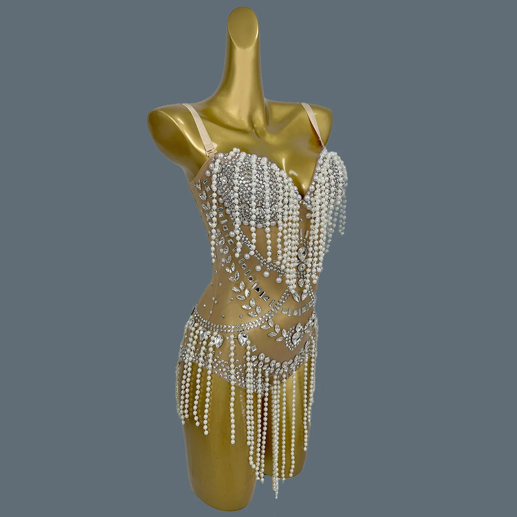 Nude Rhinestone Pearl Tassel Festival Bodysuit