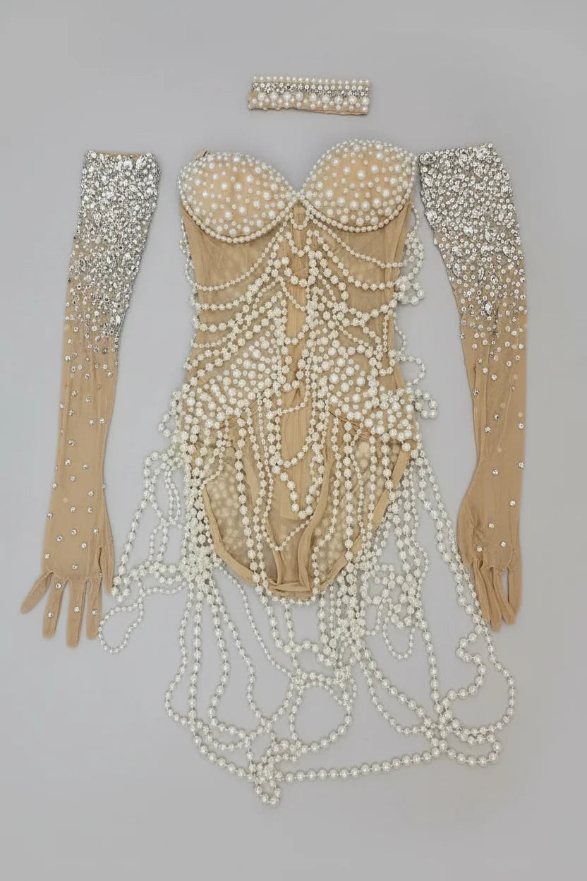 Pearl Body Chain Mesh Catsuit | Long-Sleeve Stagewear