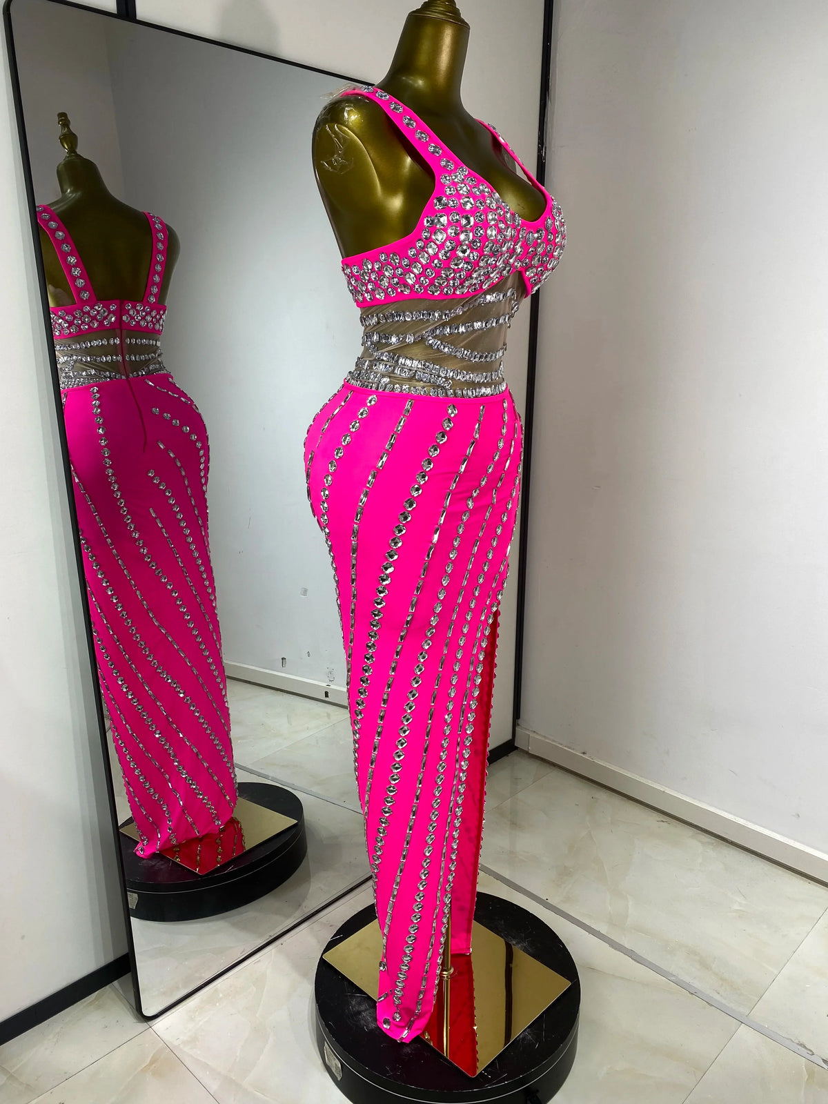 Hot Pink Rhinestone Cutout Maxi Gown