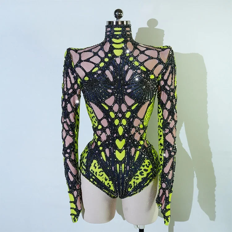 Futuristic Cyber Rhinestone Festival Bodysuit