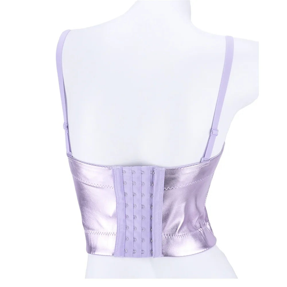 Purple Metallic PU Leather Bustier Corset Crop Top High Street Bralette