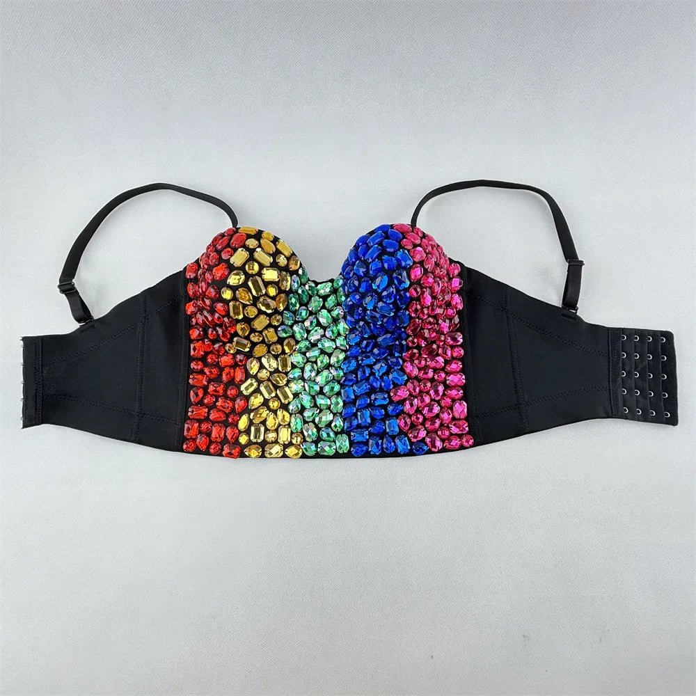 Multicolor Patchwork Rhinestone Bustier Corset Crop Top Stage Costume Bralette