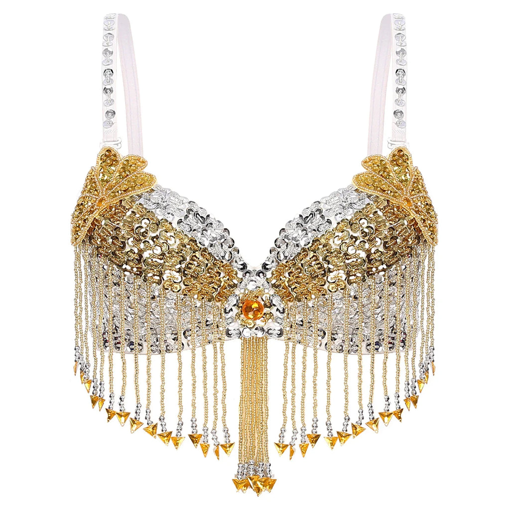 Sparkly Floral Beaded Sequin Belly Dance Bra & Tassel Performance Top
