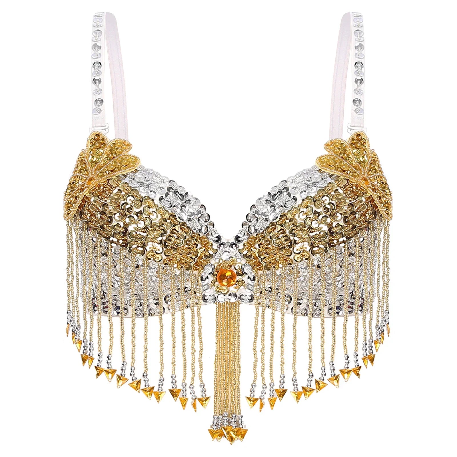 Sparkly Floral Beaded Sequin Belly Dance Bra & Tassel Performance Top