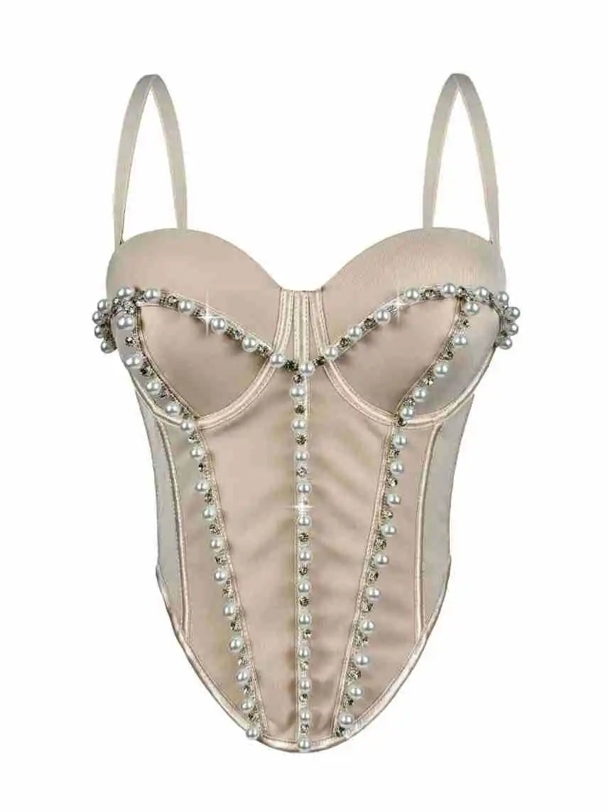 Pearl Embroidered Corset Bustier Crop Top