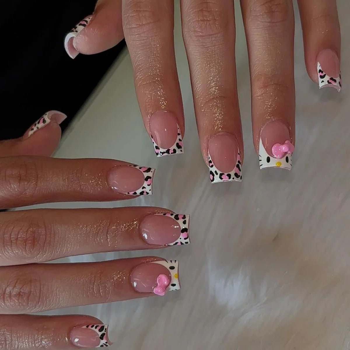Pink French Bow & Cat Press-On Nails | Square, 24 Pieces