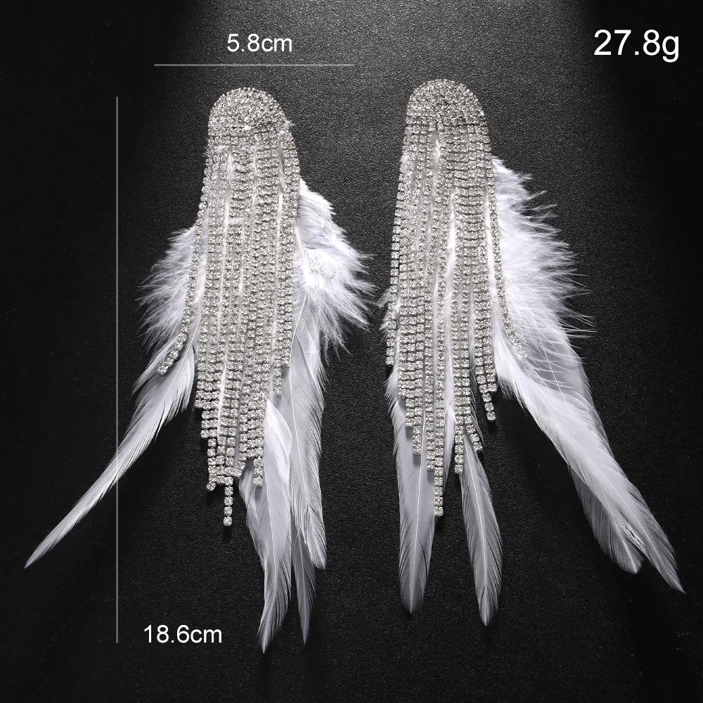 Crystal Tassel Feather Drop Earrings
