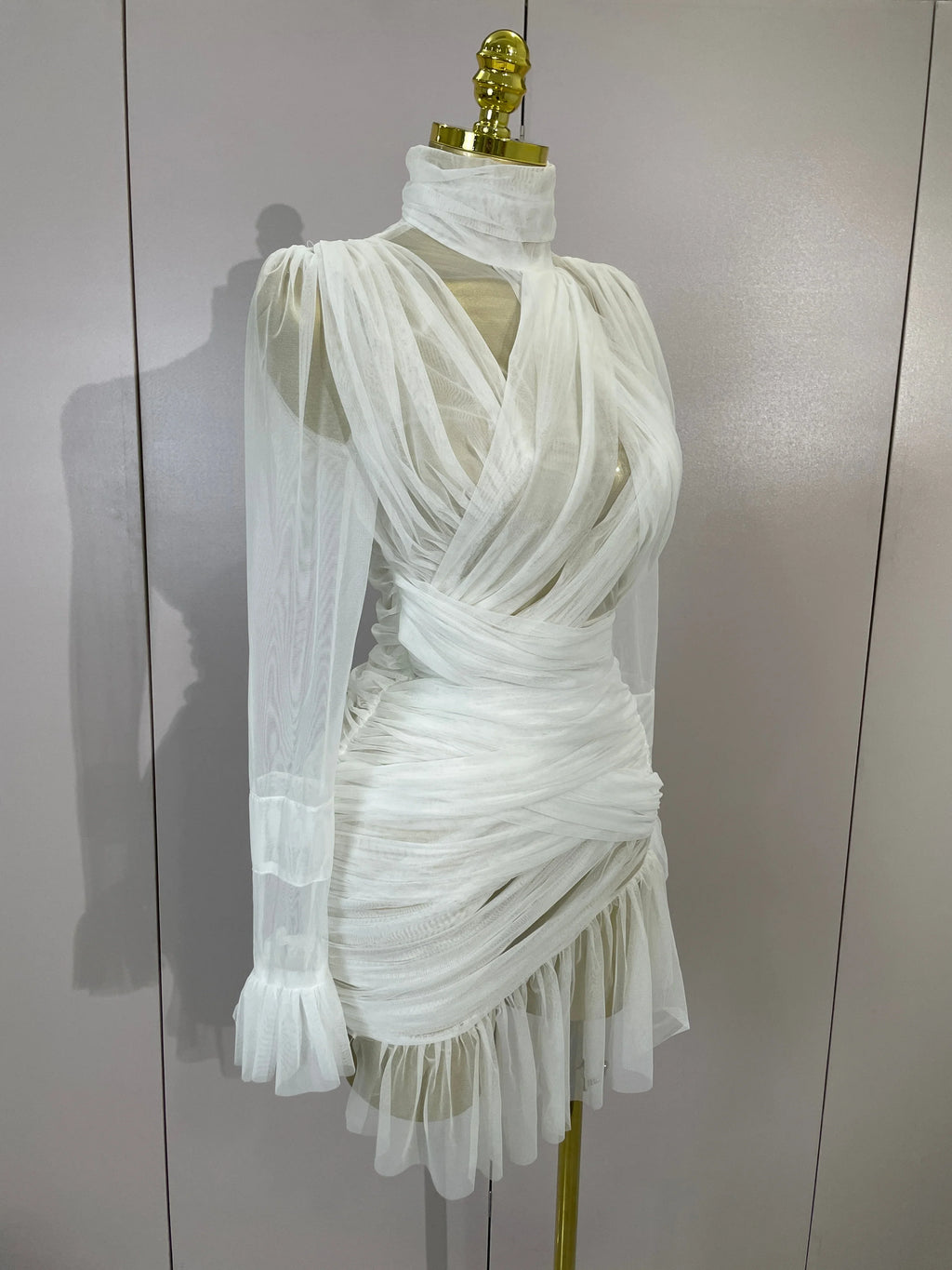 White Sheer Ruffle Mini Dress