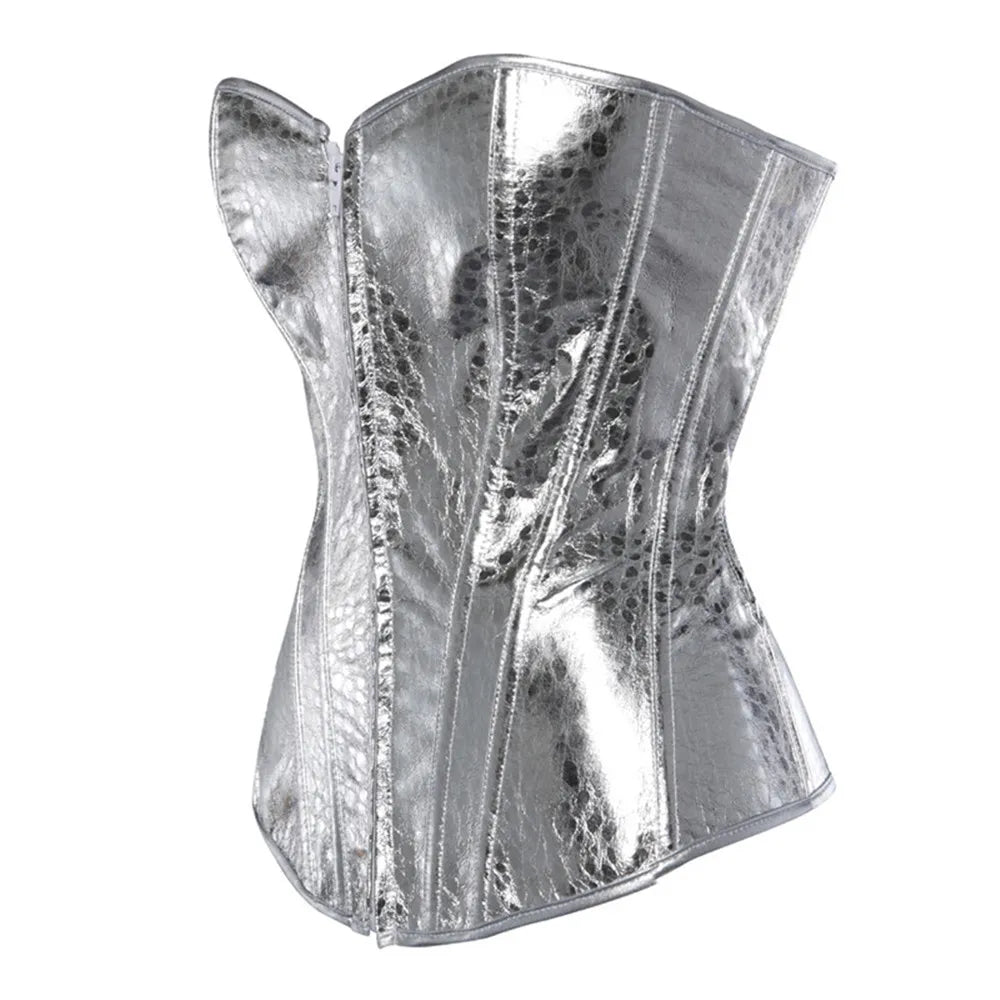 Gothic Metallic Faux Leather Overbust Corset Shiny Steel-Look Bustier