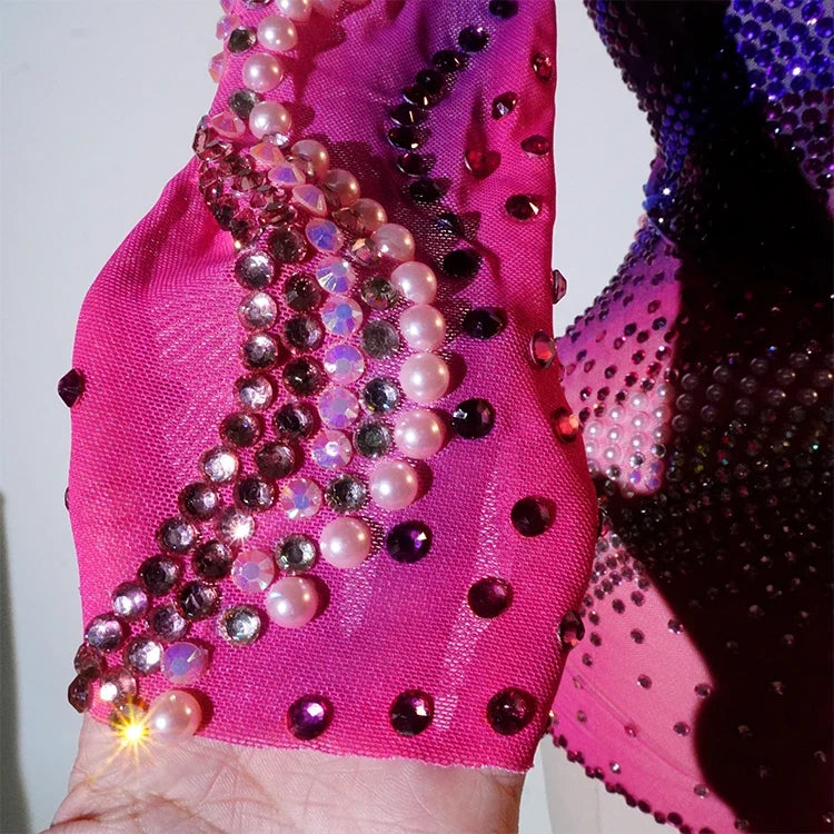 Pink Rhinestone Long-Sleeve Mesh Bodysuit | Stagewear