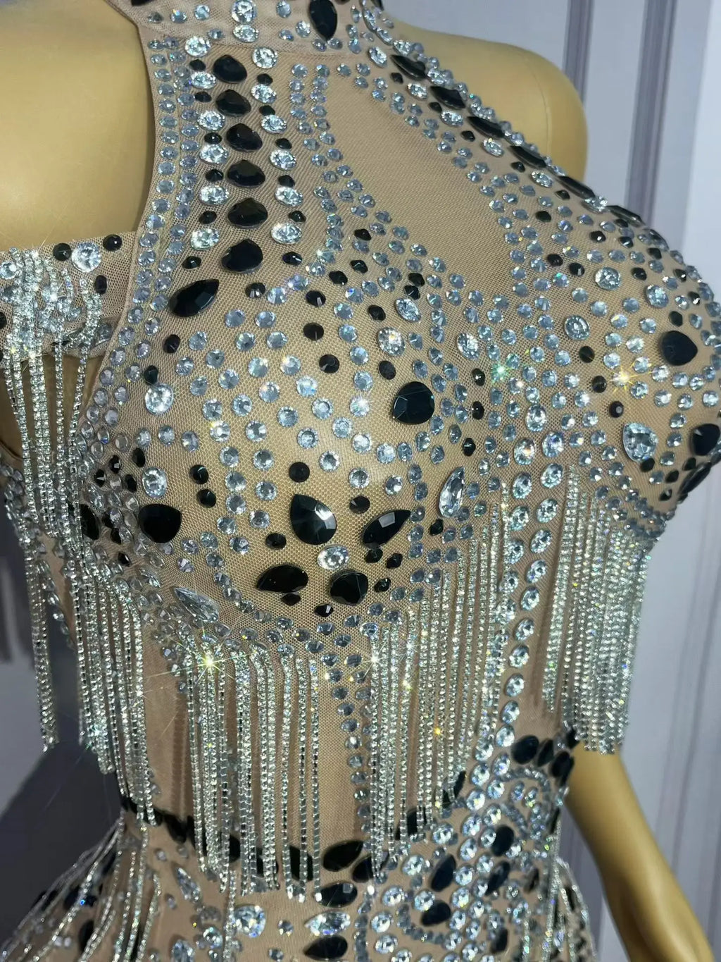 Luxury Rhinestone Sheer Mesh Bodysuit Drag Queen Stage Costume Leotard