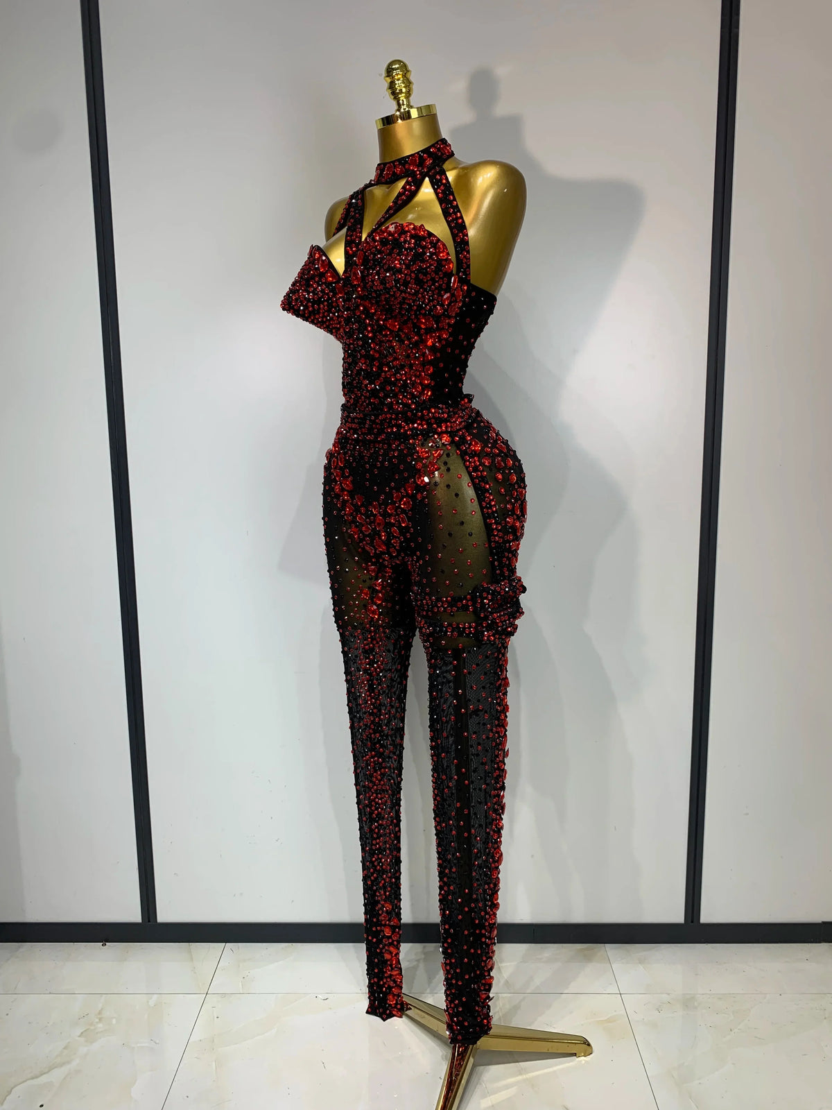 Crimson Diamond Rhinestone Catsuit Sheer Mesh Backless Jumpsuit Stage Costume