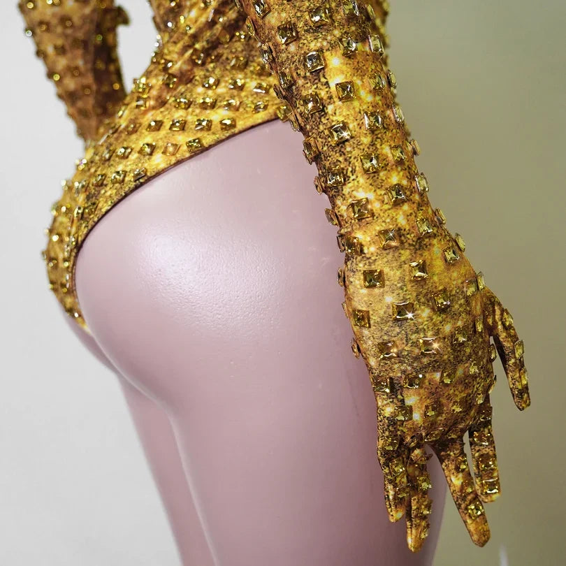 Gold Rhinestone Festival Bodysuit & Gloves Set