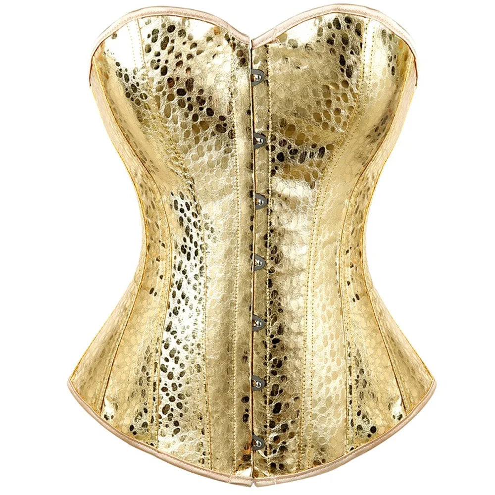 Gothic Metallic Faux Leather Overbust Corset Shiny Steel-Look Bustier