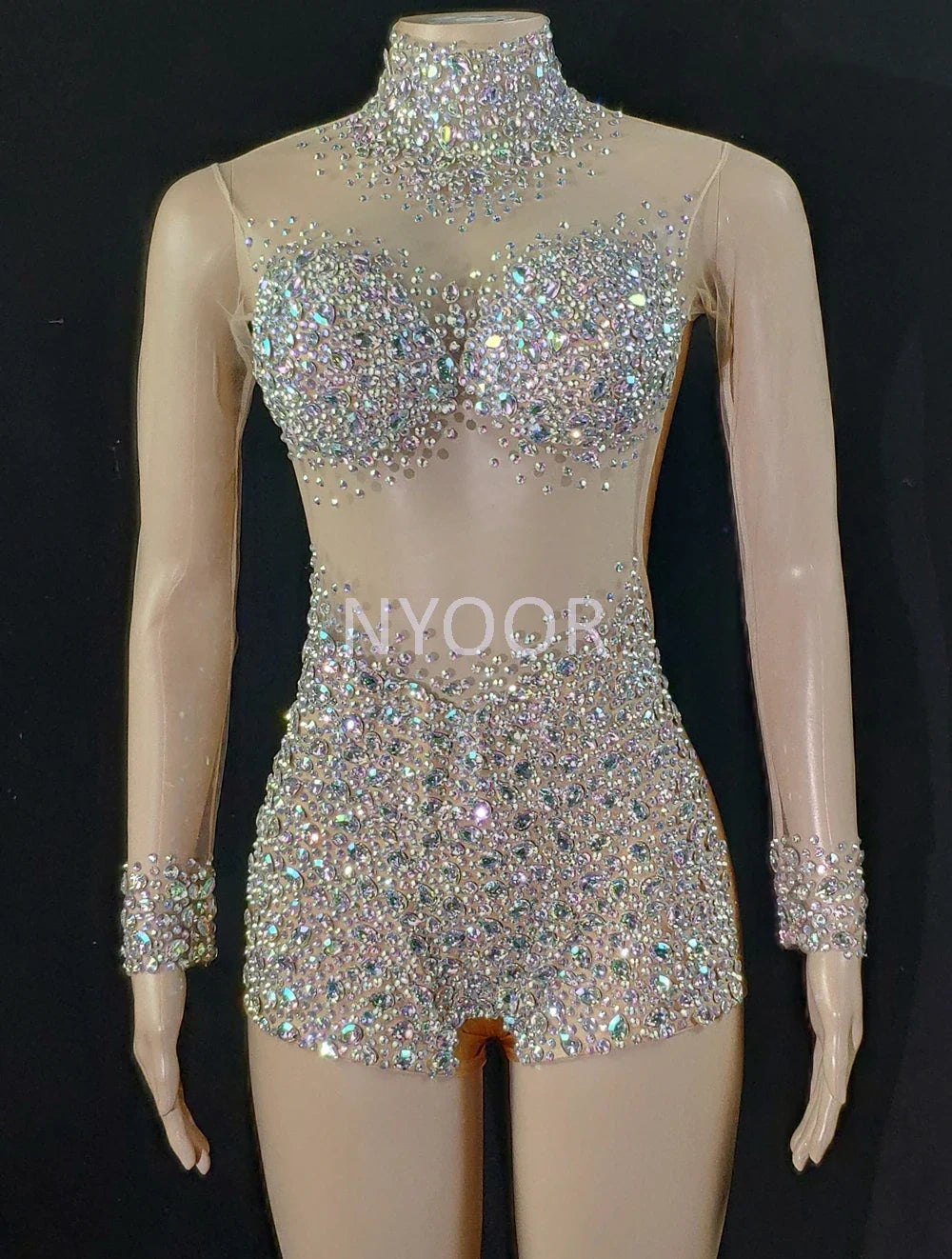 AB Crystal Rhinestone Illusion Dance Romper